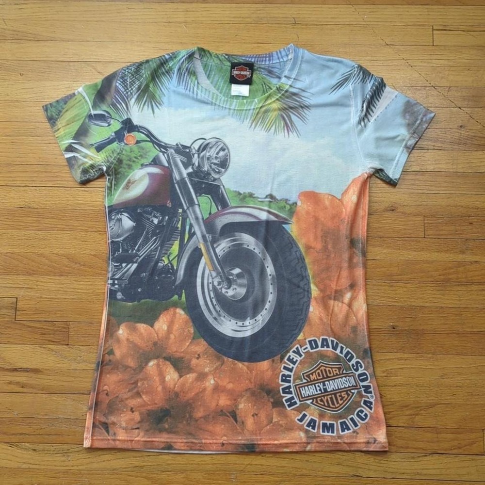 Harley Davidson Jamaica AOP Tropical Sublimation Tee Y2K Biker Large - Picture 8 of 8